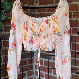 Timing Floral Smocked Long-Sleeve Crop Top in Cream with Pink & Yellow Flowers